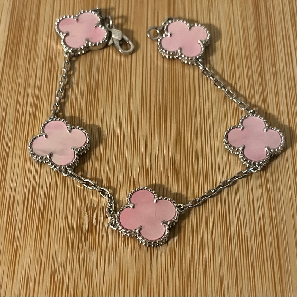 925 silver  Clover pink Charm Bracelet 7.5 in NEW - Picture 6 of 11